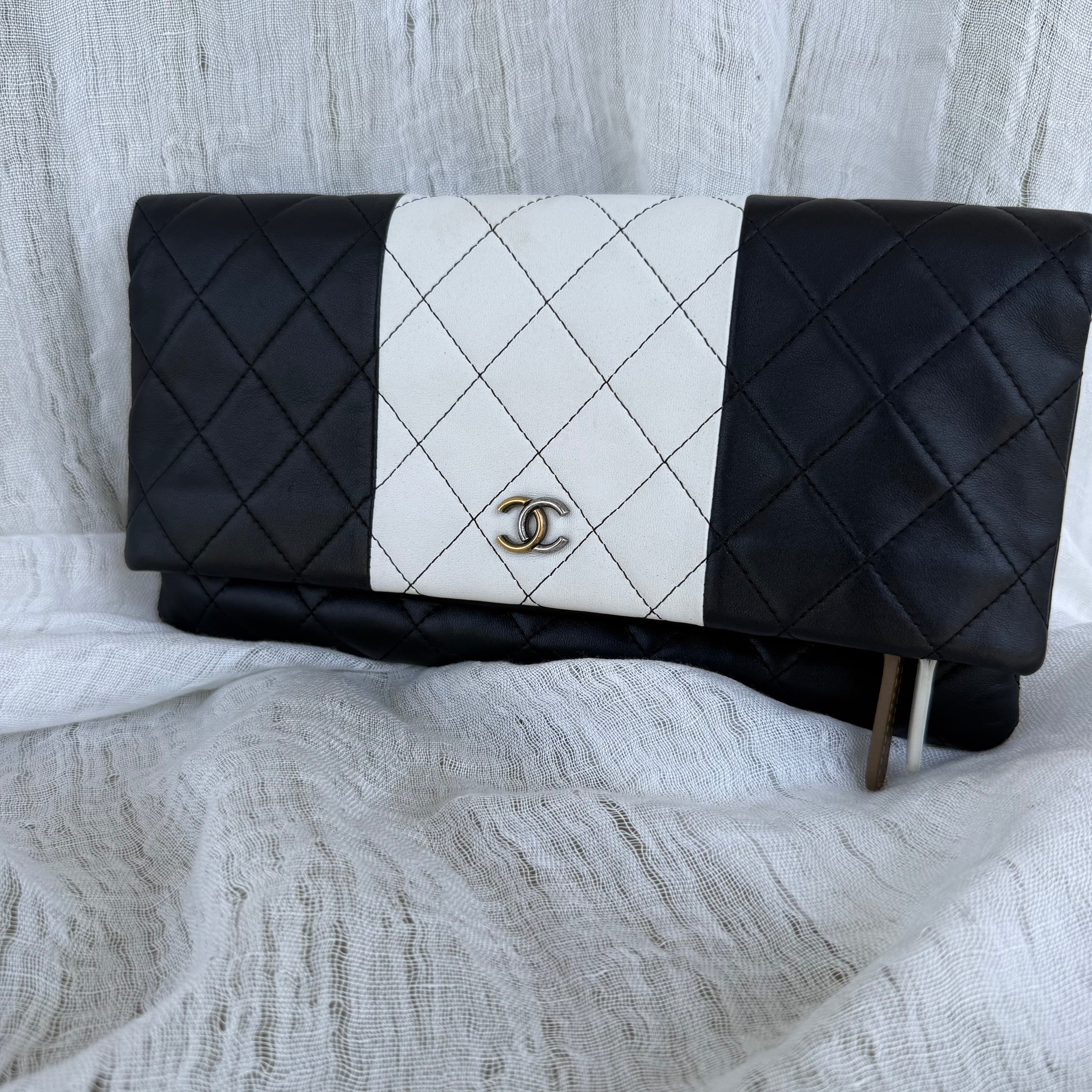 Chanel Two Tone Quilted Leather Fold Over Clutch Black White CC Logo