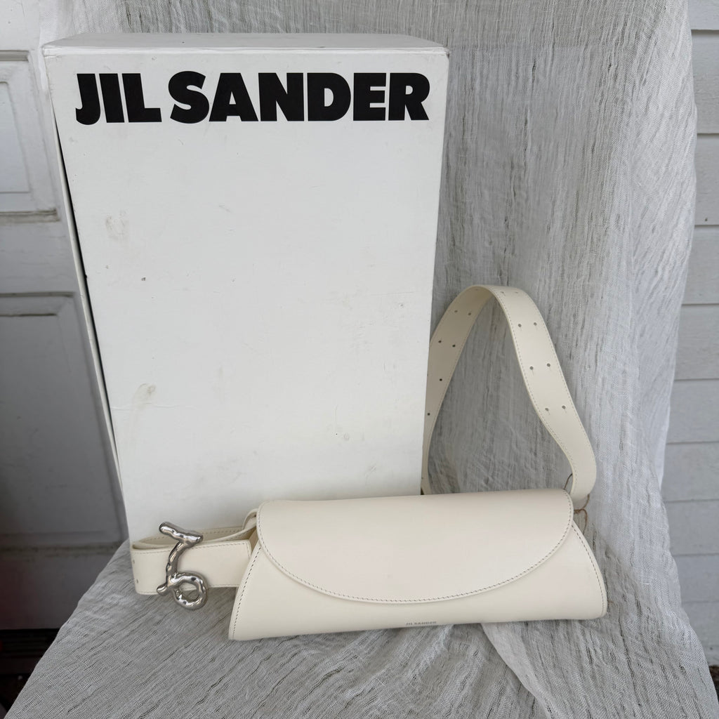 Jil Sander Ivory Leather Shoulder Bag with Sculptural Silver Hardware