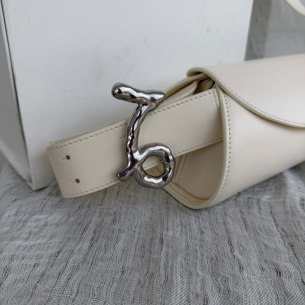 Jil Sander Ivory Leather Shoulder Bag with Sculptural Silver Hardware