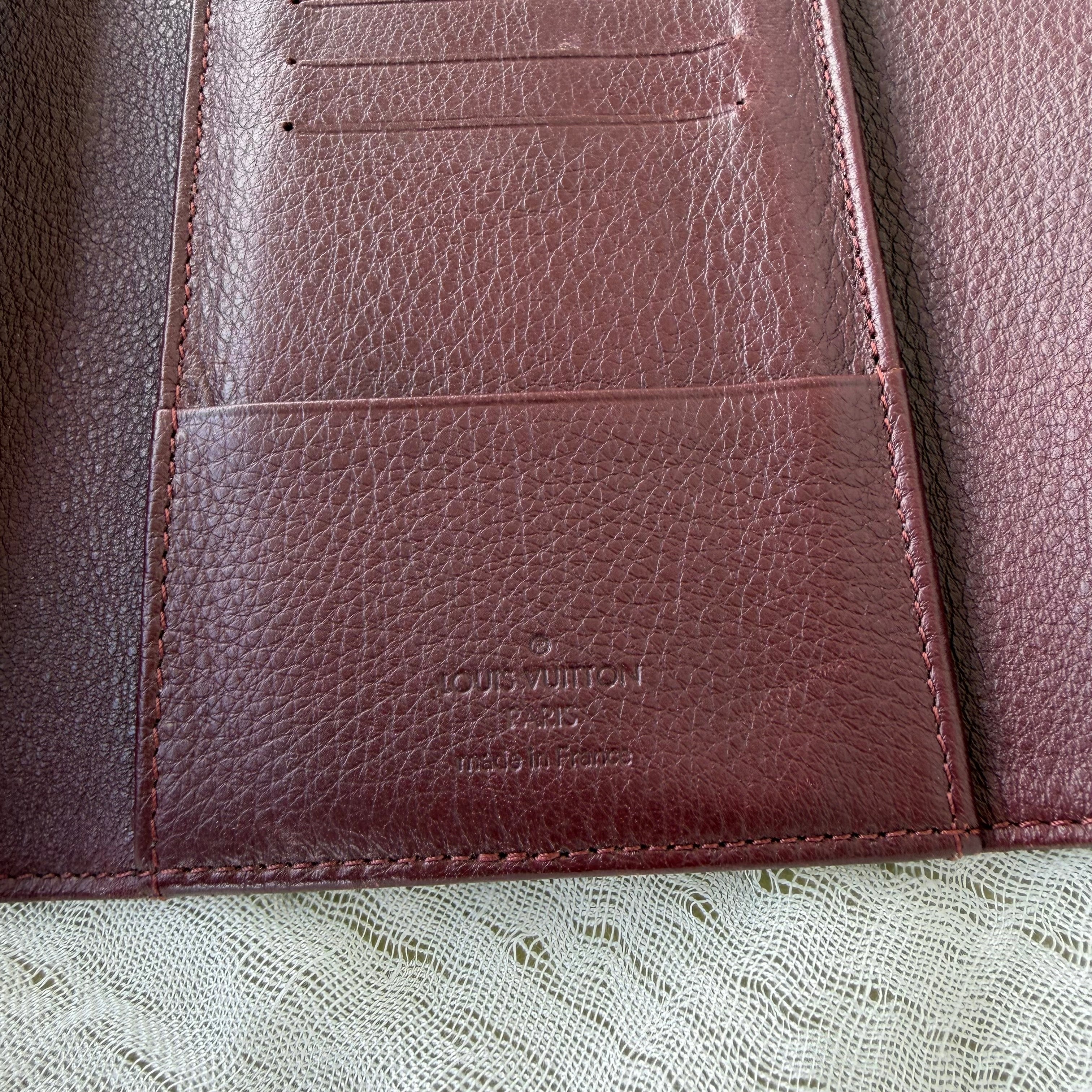 Louis Vuitton Mahina Leather Wallet Burgundy Plum Gold Hardware Made in France