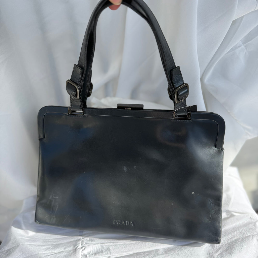 Prada Vintage Black Leather Frame Shoulder Bag