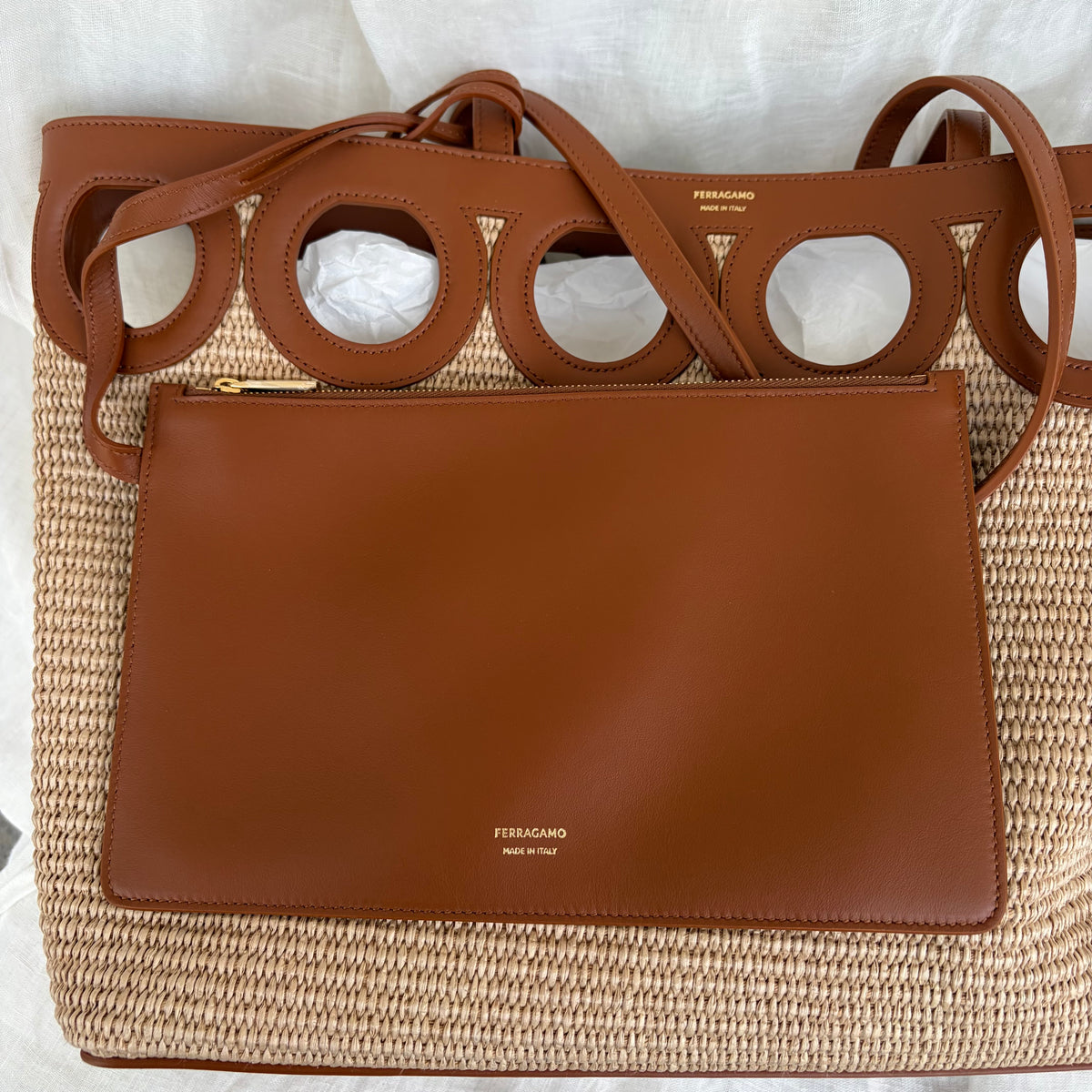 Ferragamo Raffia & Leather Cutout Tote Bag with Removable Pouch