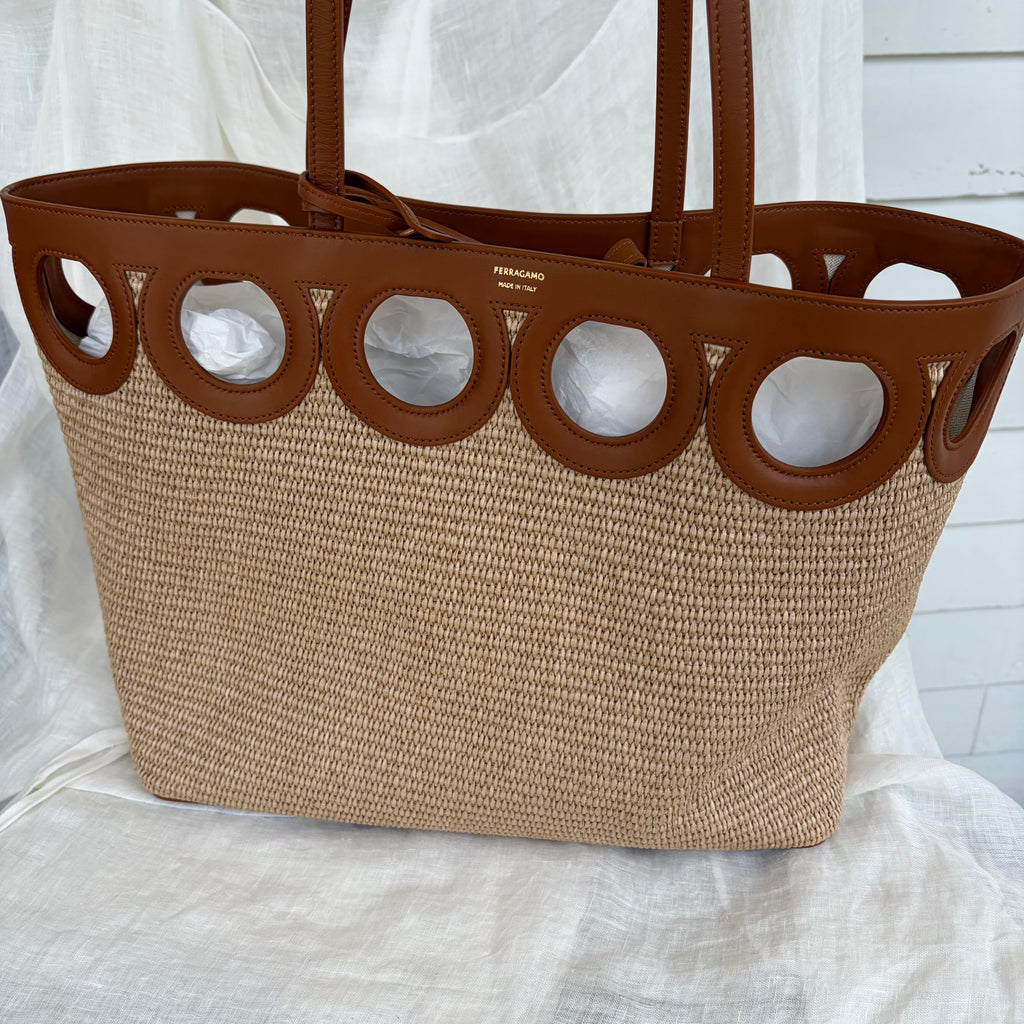 Ferragamo Raffia & Leather Cutout Tote Bag with Removable Pouch