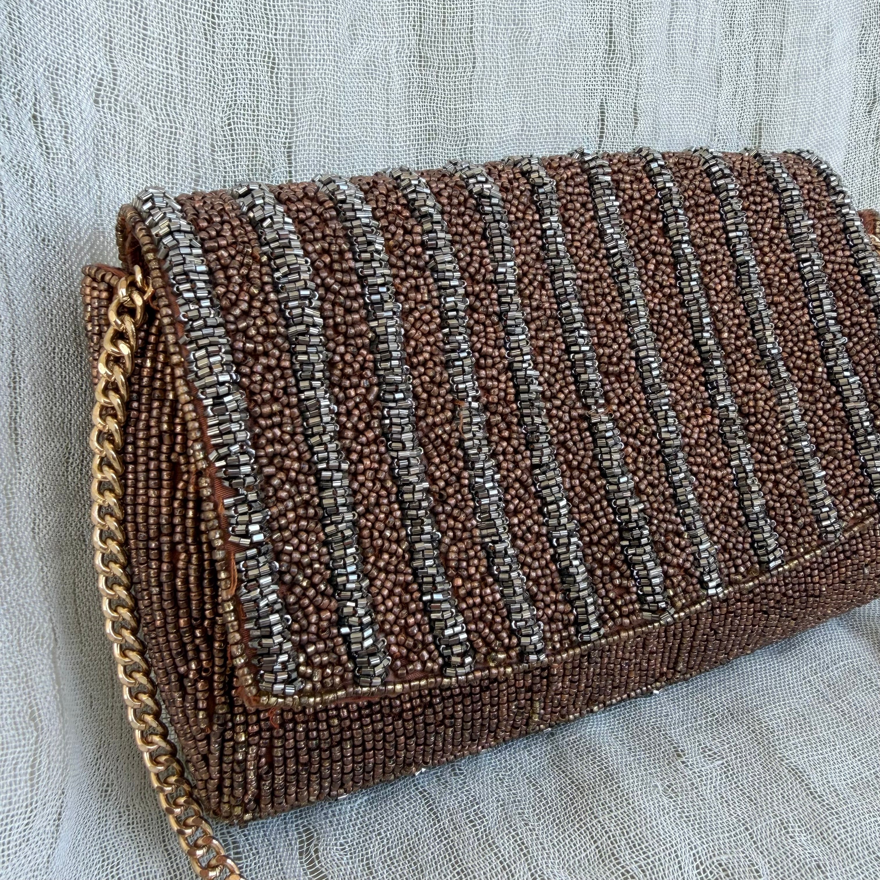 Anthropologie Retro Beaded Clutch with Gold Chain Strap