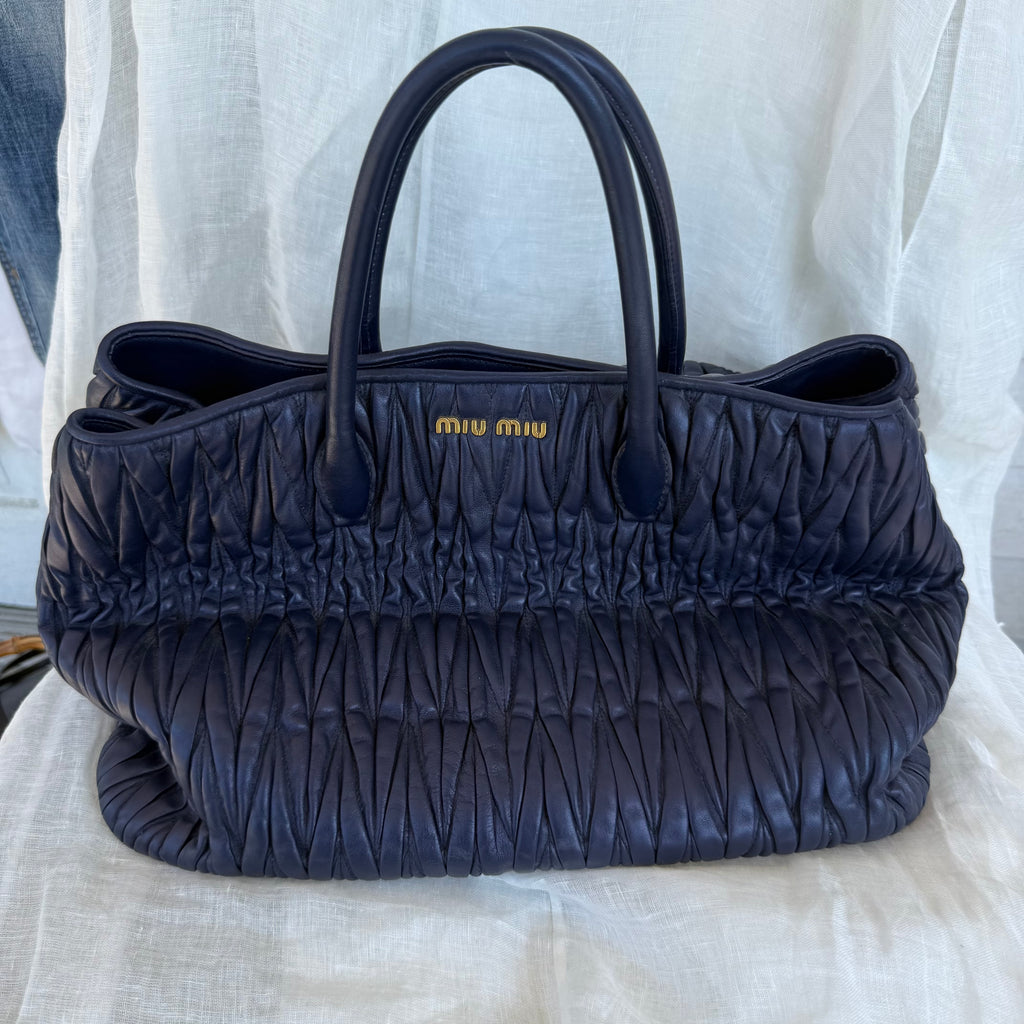 Miu Miu Blue Matelassé Leather Tote Bag