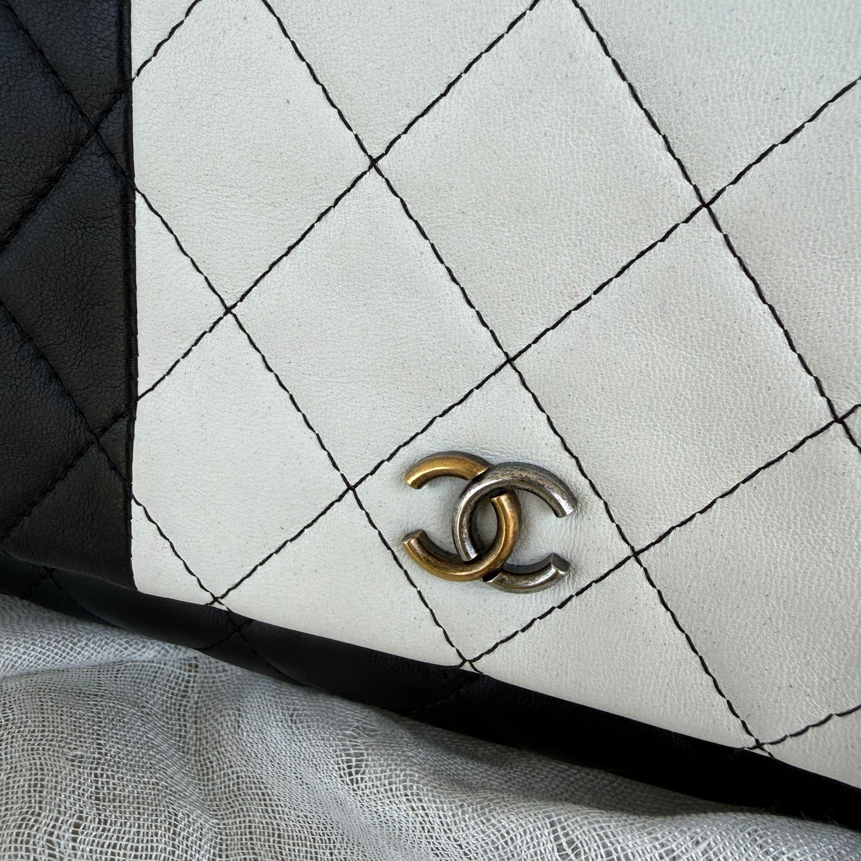 Chanel Two Tone Quilted Leather Fold Over Clutch Black White CC Logo