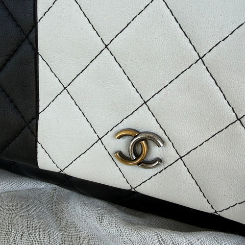 Chanel Two Tone Quilted Leather Fold Over Clutch Black White CC Logo
