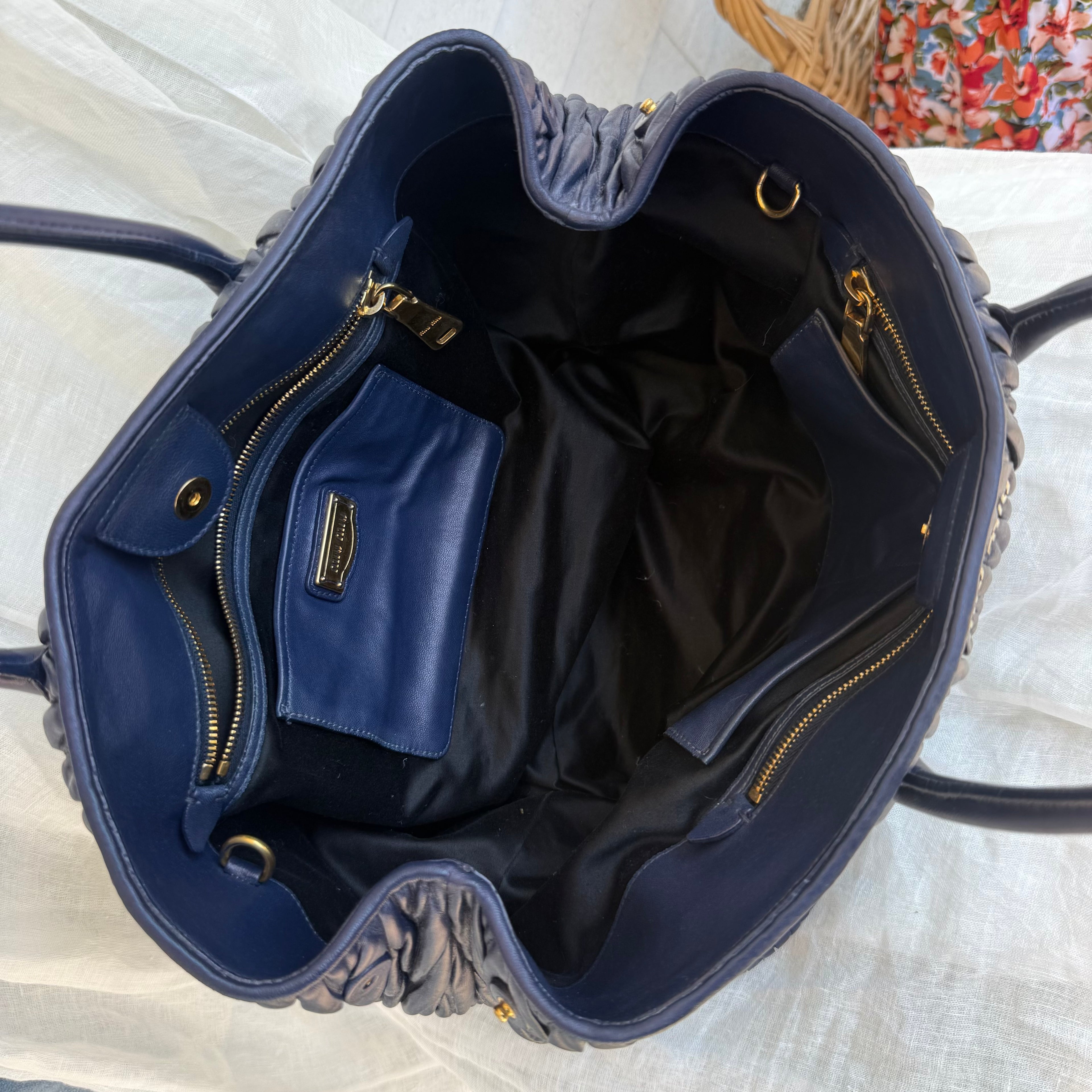 Miu Miu Blue Matelassé Leather Tote Bag