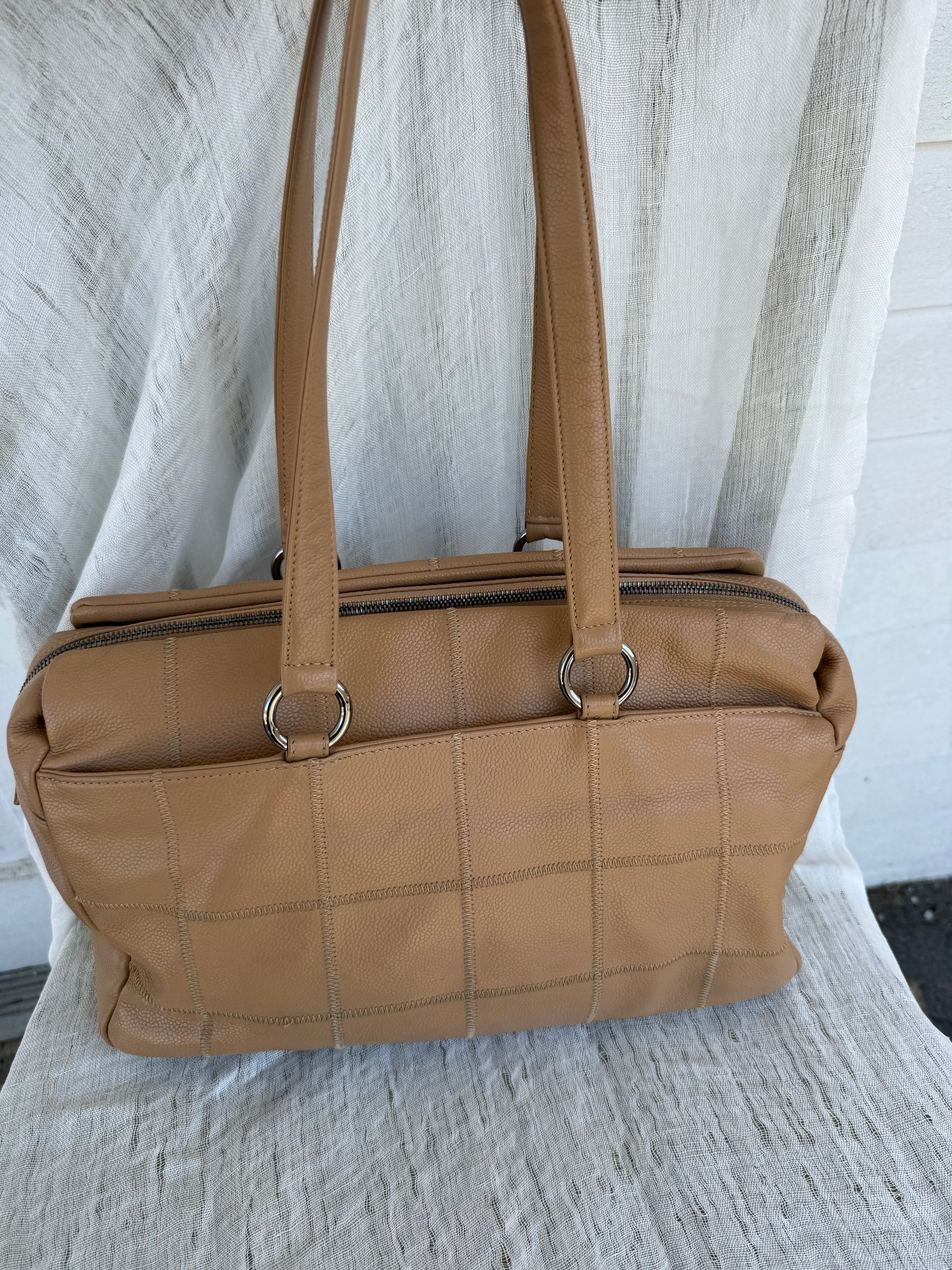 Chanel Chocolate Bar Caviar Leather Shoulder Bag Tan Silver Hardware