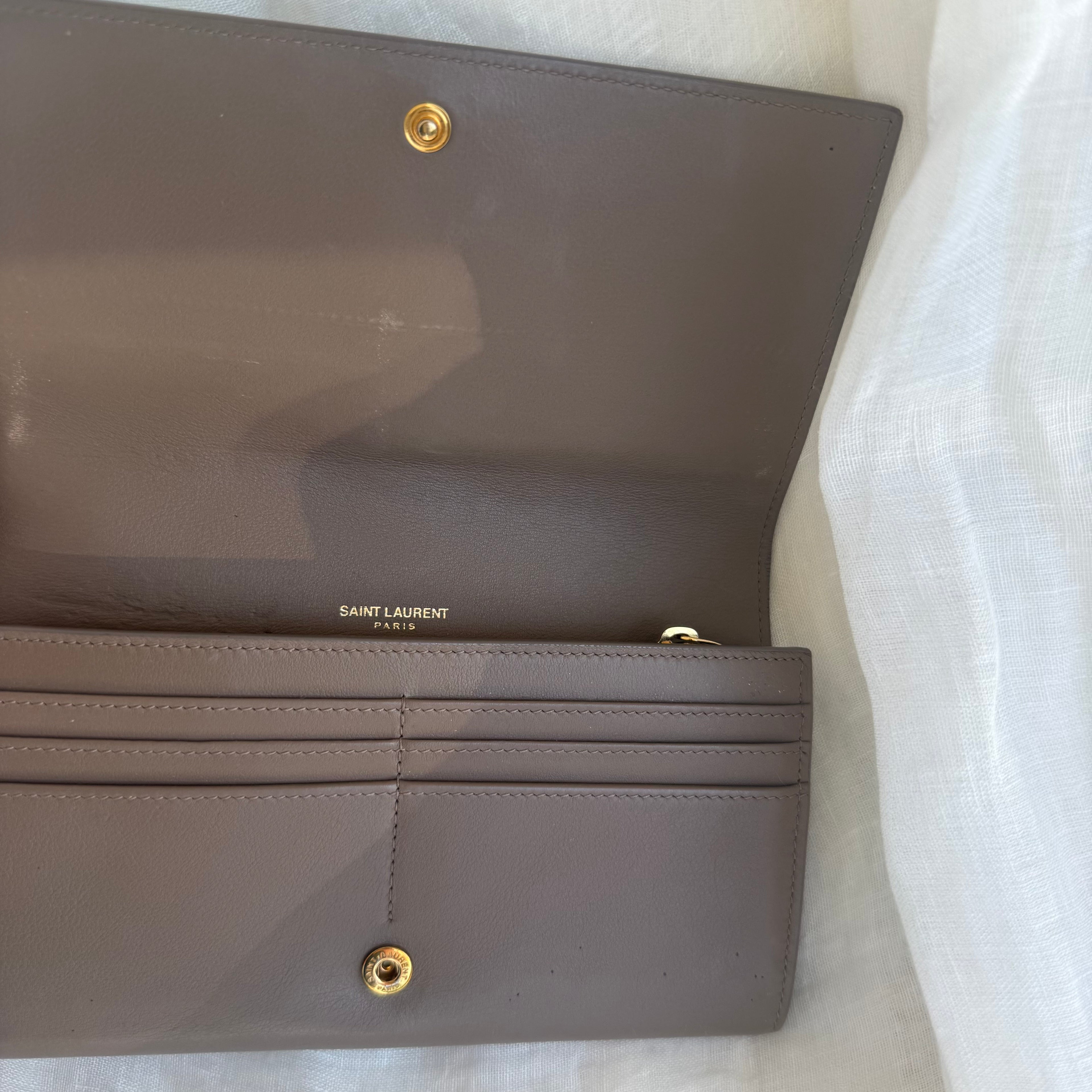 YSL Monogram Leather Continental Flap Wallet – Taupe/Gray – Gold Hardware