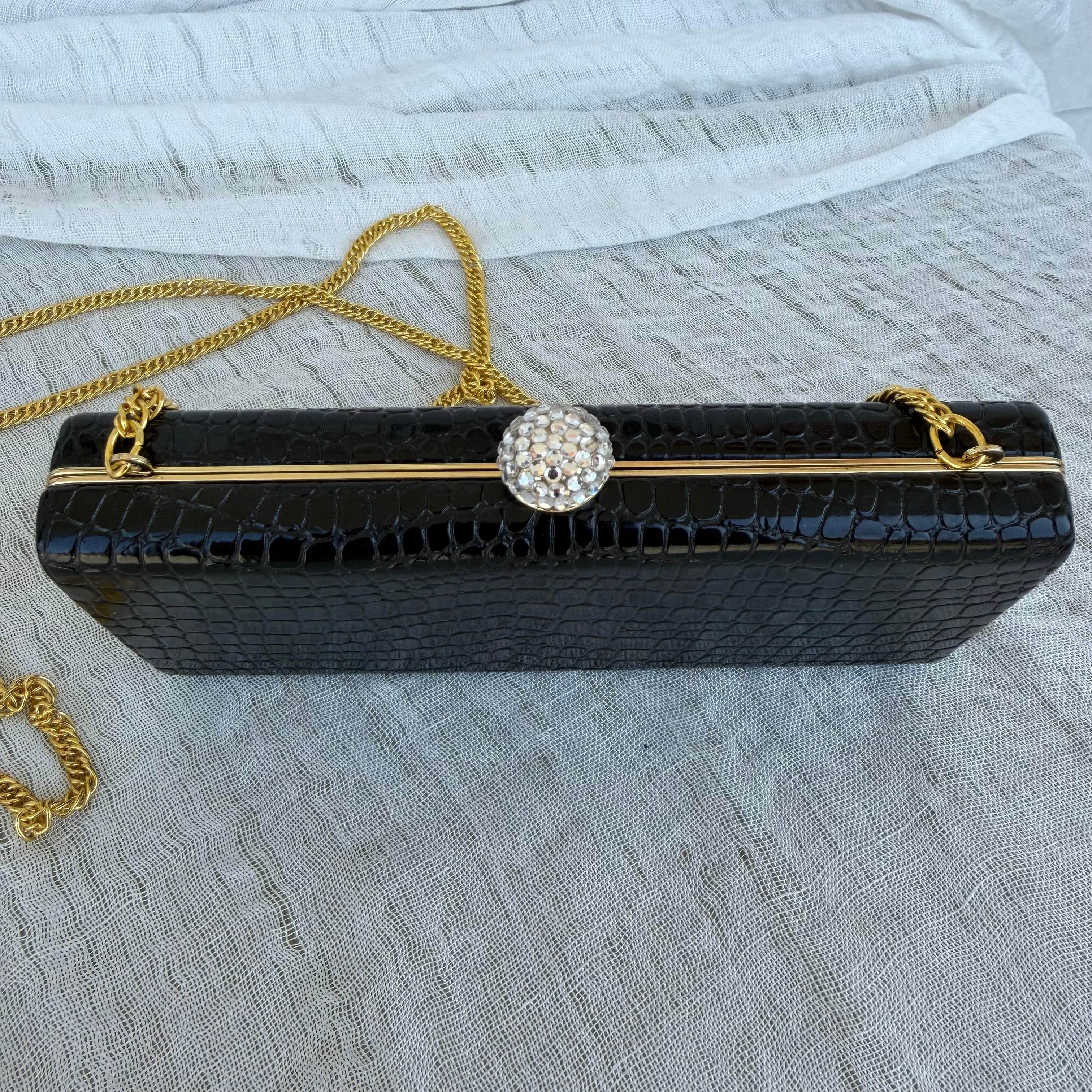 Vintage Black Croc Embossed Clutch with Gold Chain & Crystal Clasp