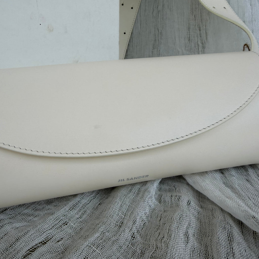Jil Sander Ivory Leather Shoulder Bag with Sculptural Silver Hardware