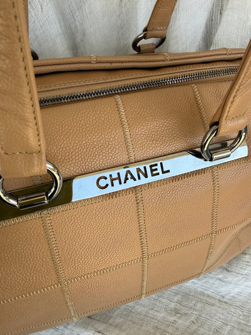 Chanel Chocolate Bar Caviar Leather Shoulder Bag Tan Silver Hardware