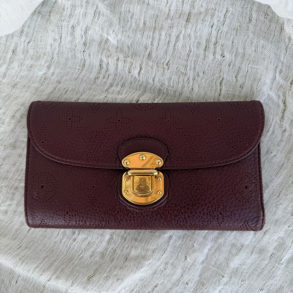 Louis Vuitton Mahina Leather Wallet Burgundy Plum Gold Hardware Made in France
