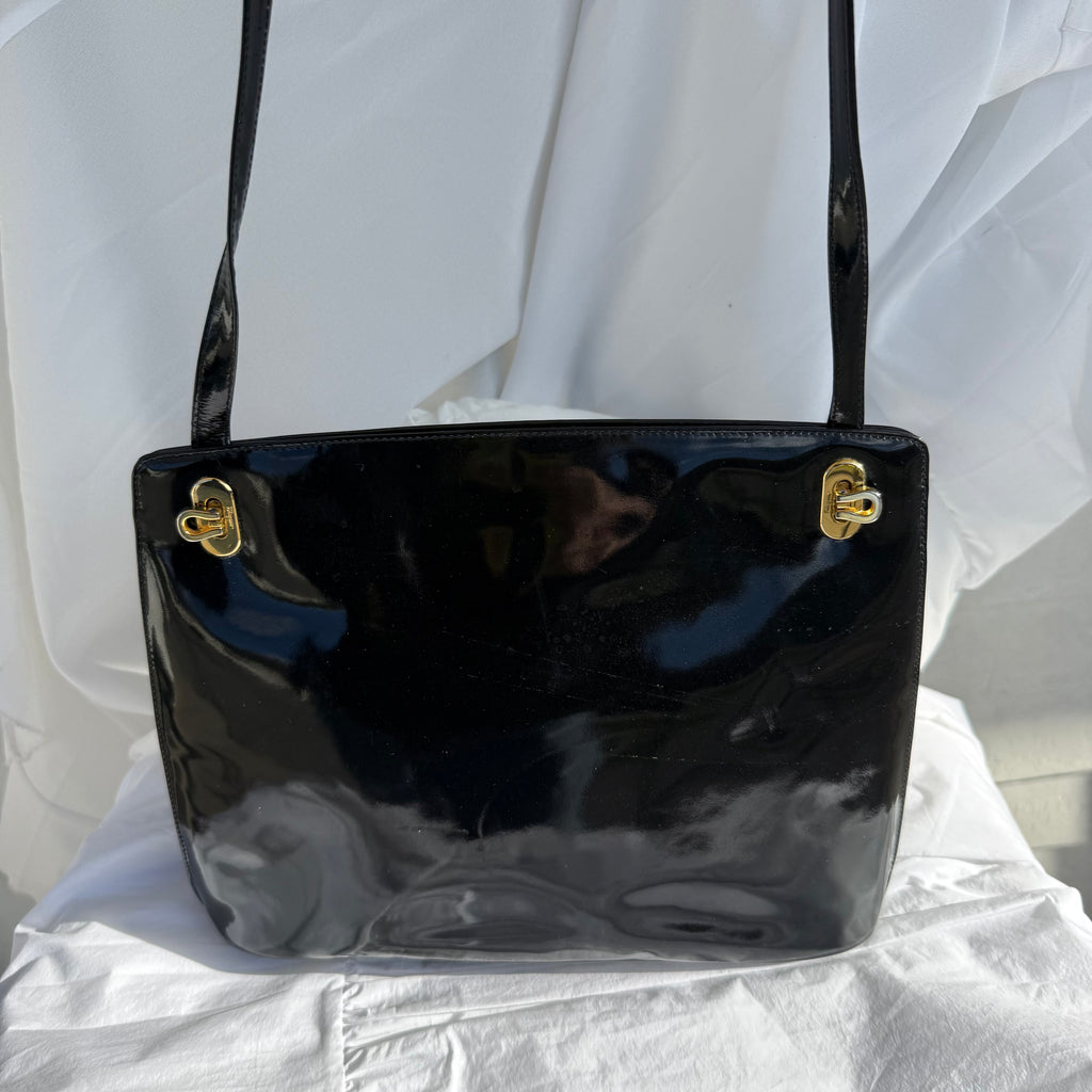 Salvatore Ferragamo Vintage Black Patent Leather Shoulder Bag