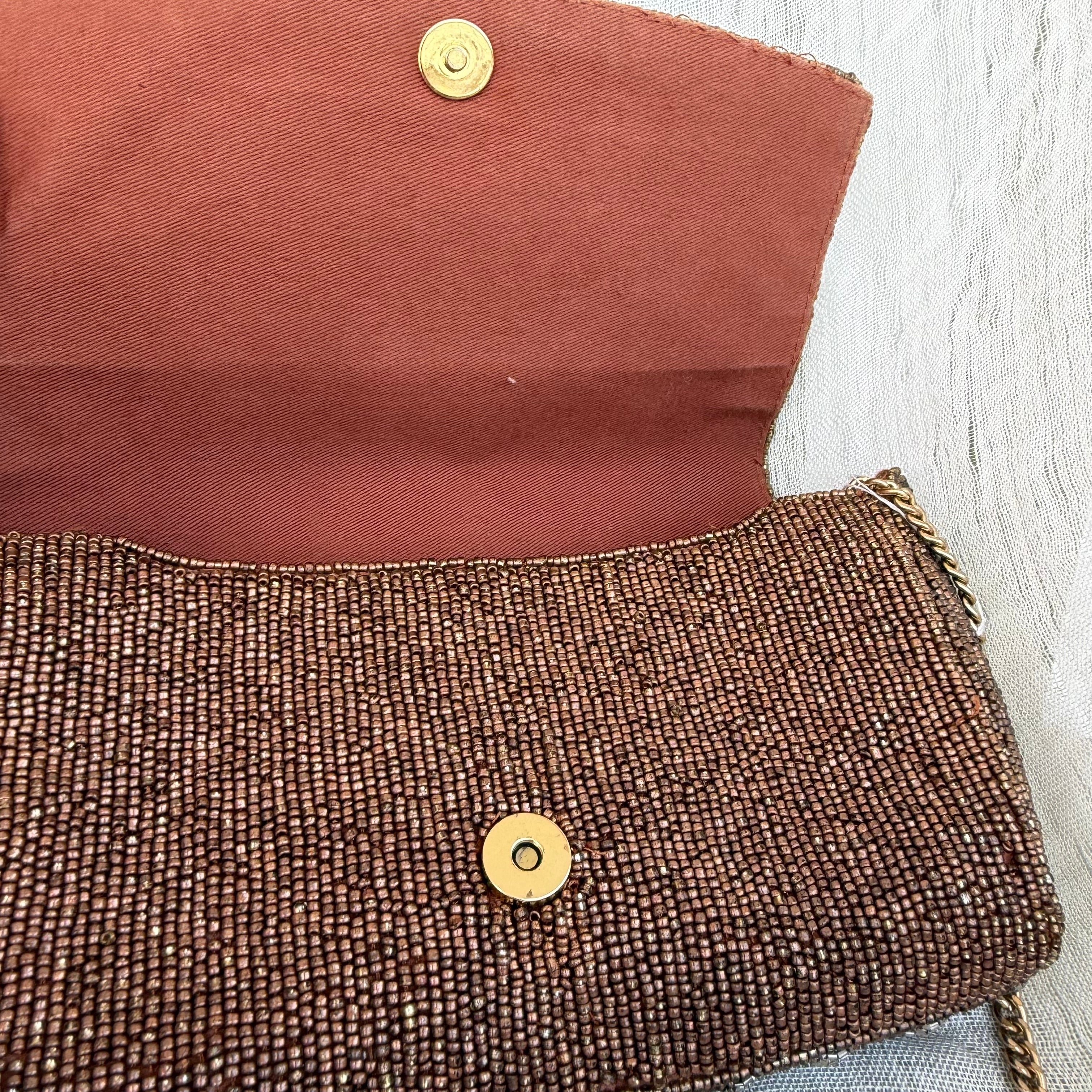 Anthropologie Retro Beaded Clutch with Gold Chain Strap