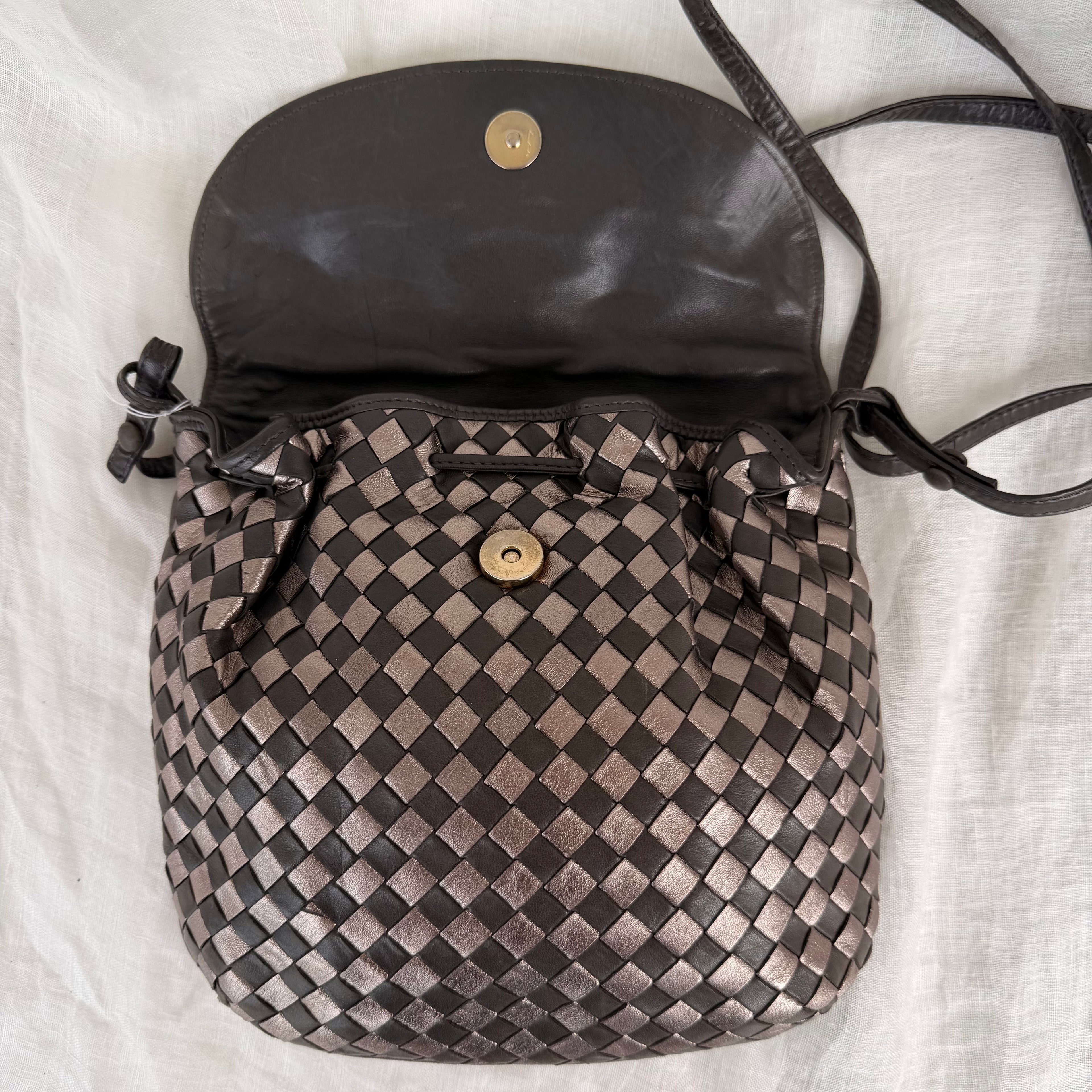 Bottega Veneta Intrecciato Bronze & Brown Woven Leather Crossbody Bag