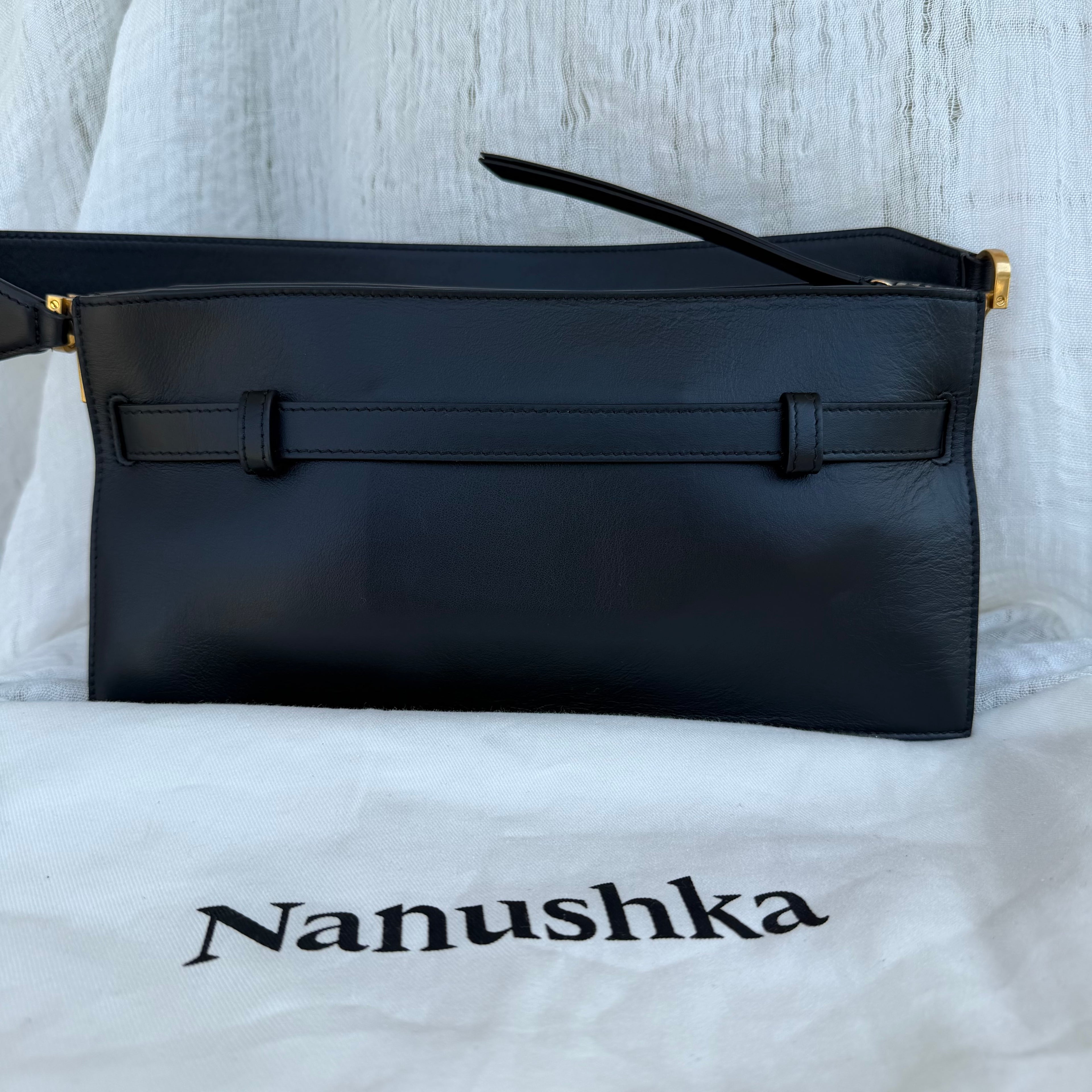Nanushka Harmonica Black Leather Belt Shoulder Bag