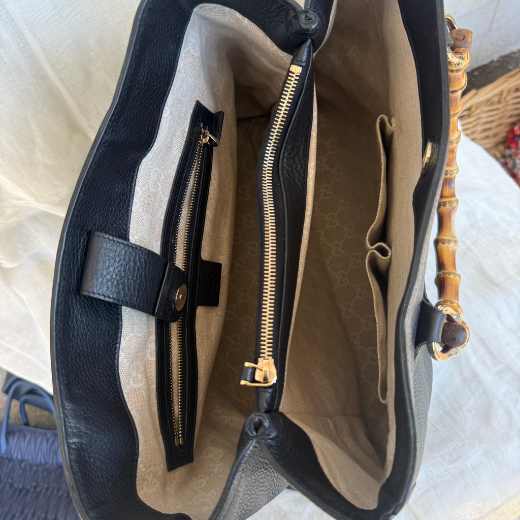 Gucci Black Pebbled Leather Bamboo Top Handle Tote – Made in Italy