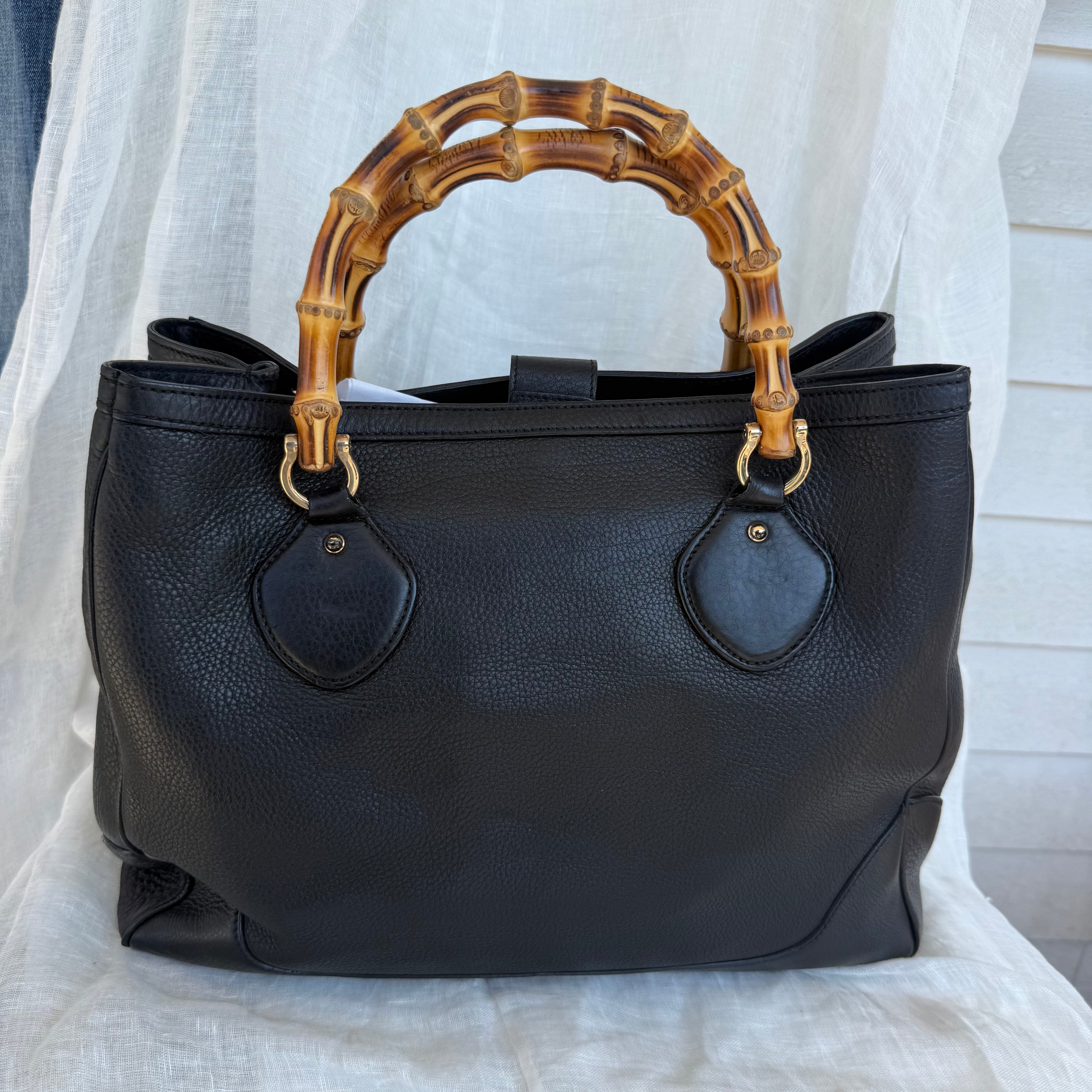 Gucci Black Pebbled Leather Bamboo Top Handle Tote – Made in Italy