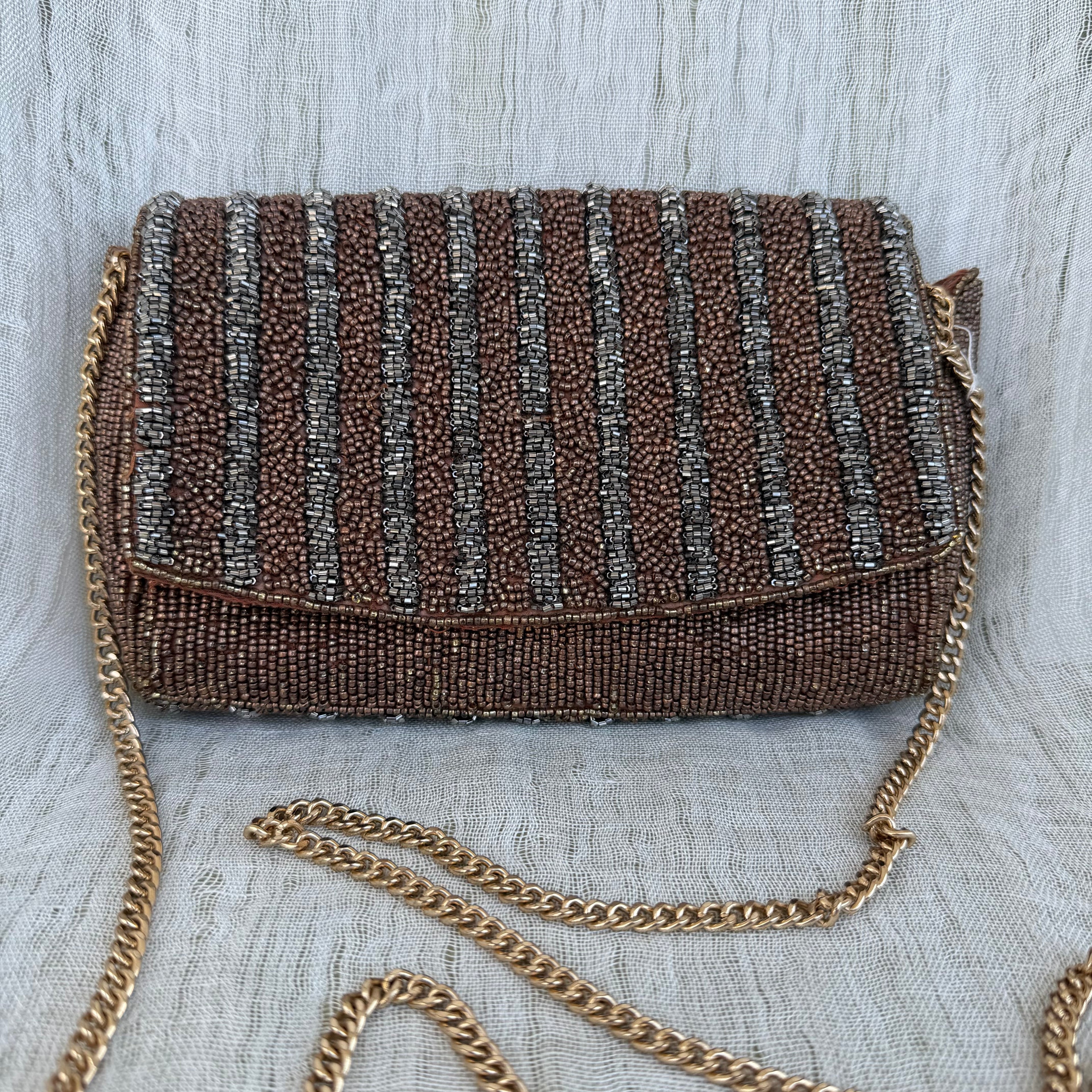 Anthropologie Retro Beaded Clutch with Gold Chain Strap