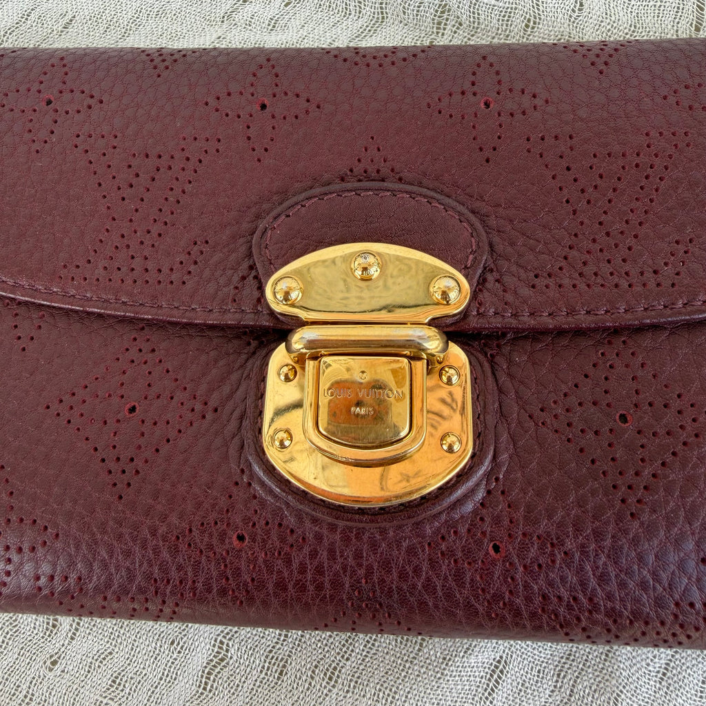 Louis Vuitton Mahina Leather Wallet Burgundy Plum Gold Hardware Made in France