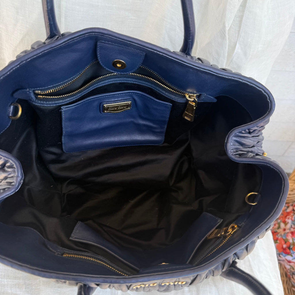 Miu Miu Blue Matelassé Leather Tote Bag
