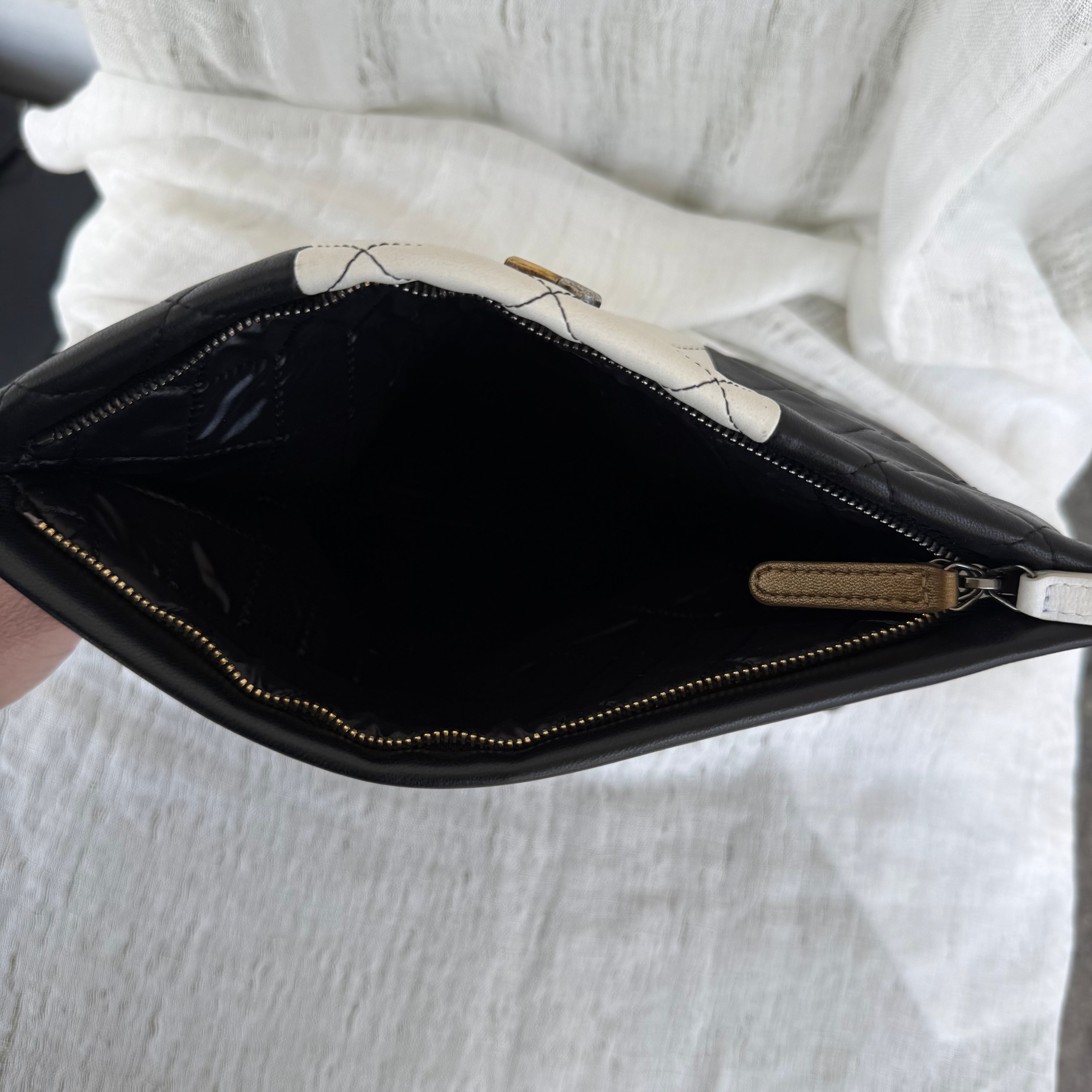 Chanel Two Tone Quilted Leather Fold Over Clutch Black White CC Logo