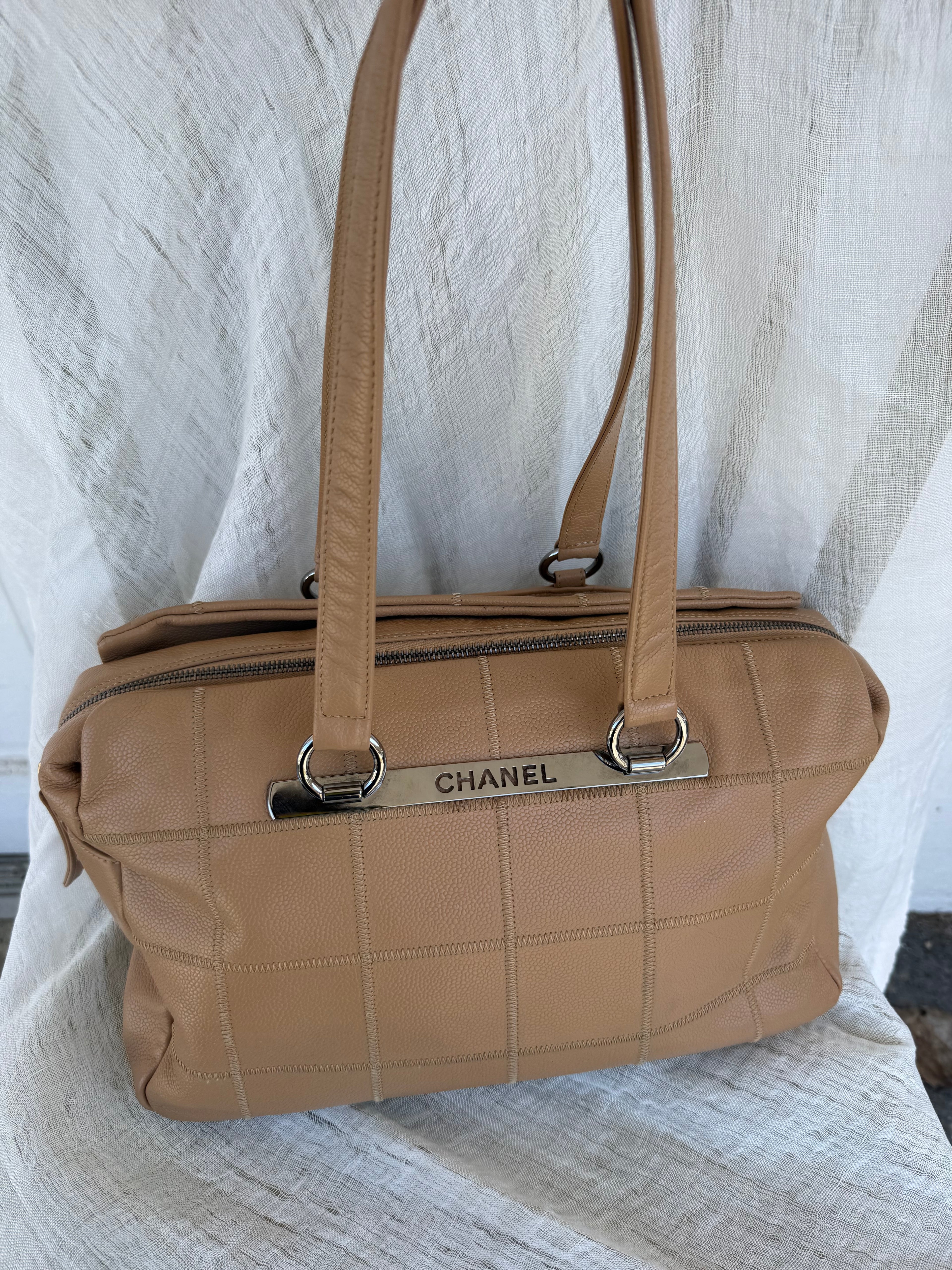 Chanel Chocolate Bar Caviar Leather Shoulder Bag Tan Silver Hardware