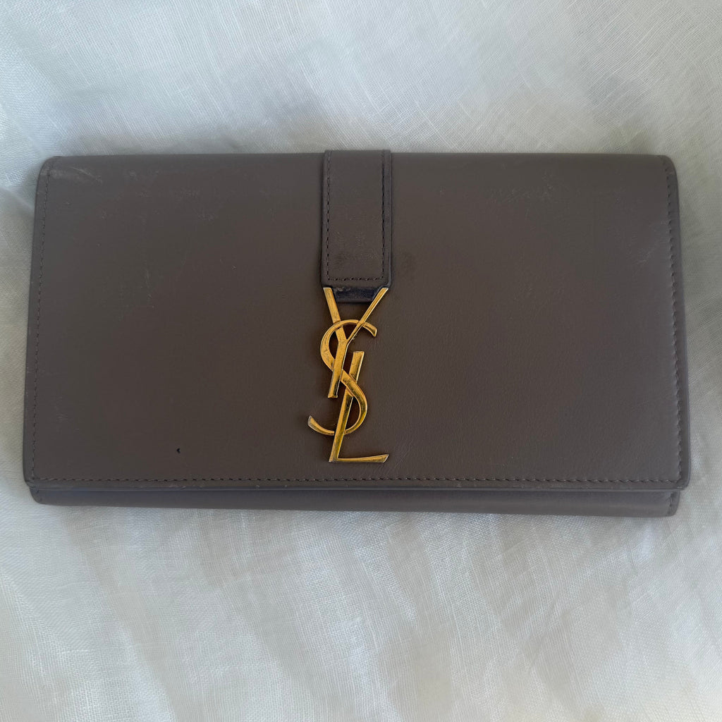 YSL Monogram Leather Continental Flap Wallet – Taupe/Gray – Gold Hardware