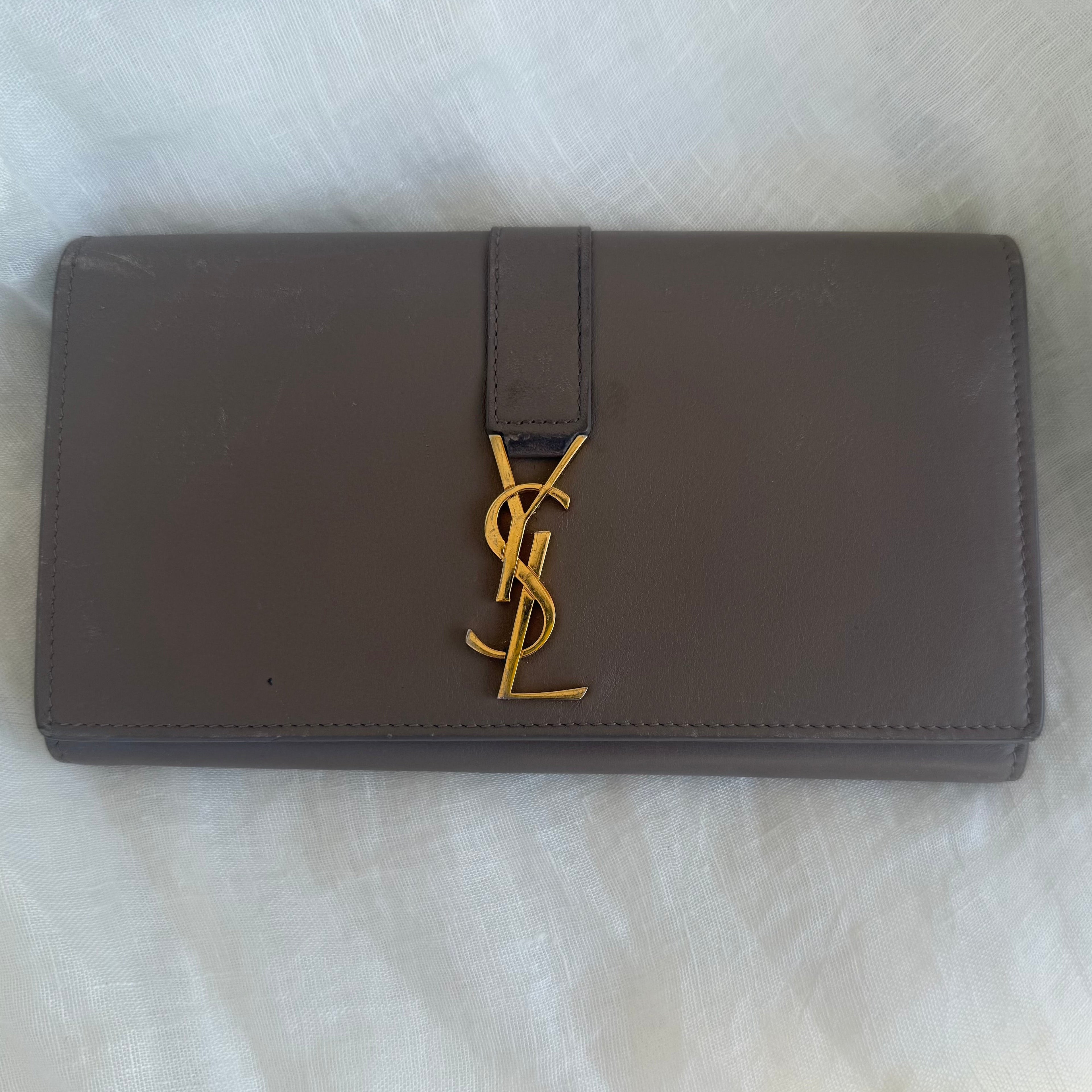 YSL Monogram Leather Continental Flap Wallet – Taupe/Gray – Gold Hardware